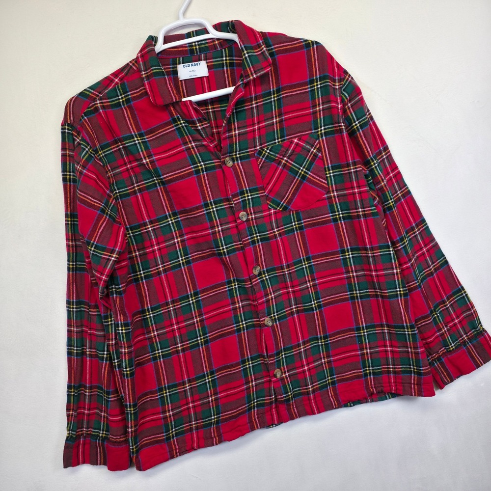Old Navy Pajama Shirt Mens XLT Tall Red Green Flannel Tartan Plaid Lounge‎ Sleep